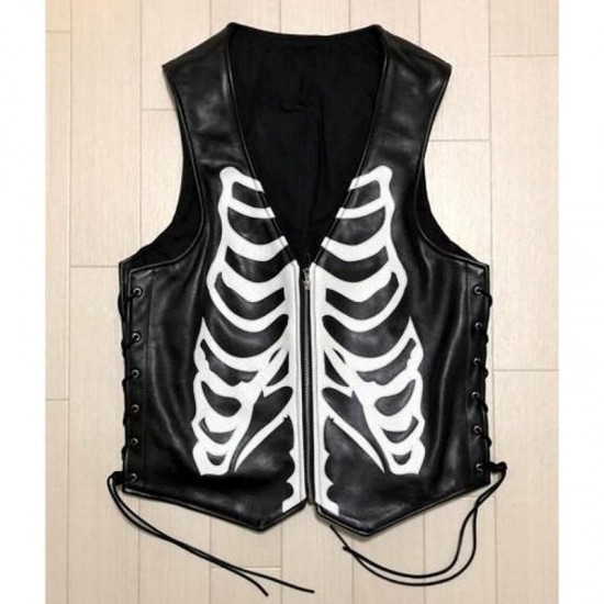 Mens Black Cowhide Skeleton Leather Vest