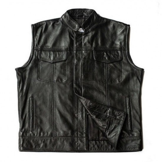 Mens Black Genuine Leather Biker Moto Vest