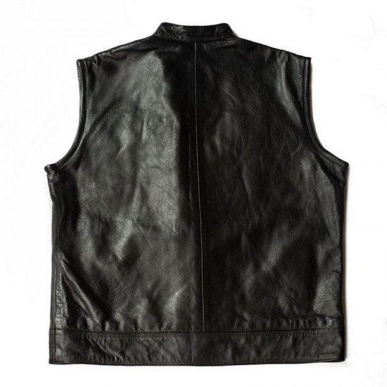 Mens Black Genuine Leather Biker Moto Vest