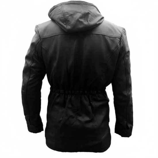 Mens Black Hooded Long Multi Pockets Leather Jacket