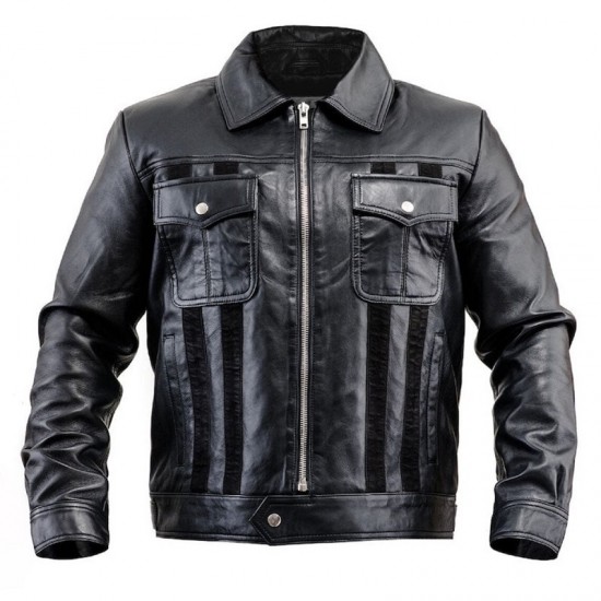Mens Black Leather Jacket With Suede Stripes Mens Black Leather Jacket With Suede Stripes
