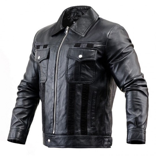 Mens Black Leather Jacket With Suede Stripes Mens Black Leather Jacket With Suede Stripes