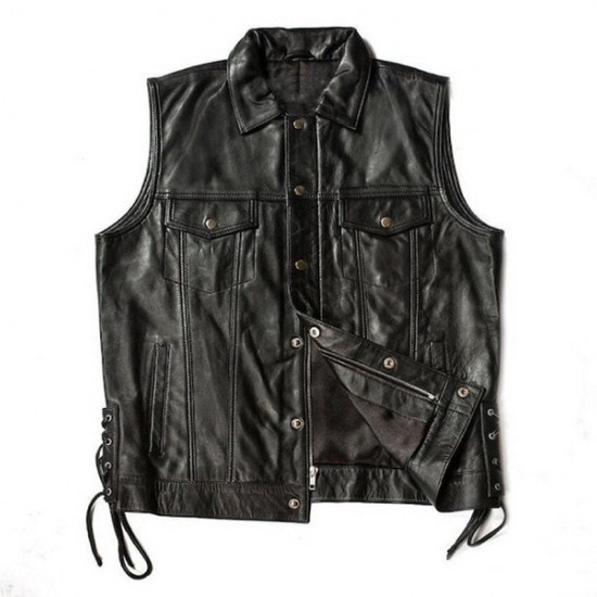 Mens Black Side Laces Motorcycle Leather Vest