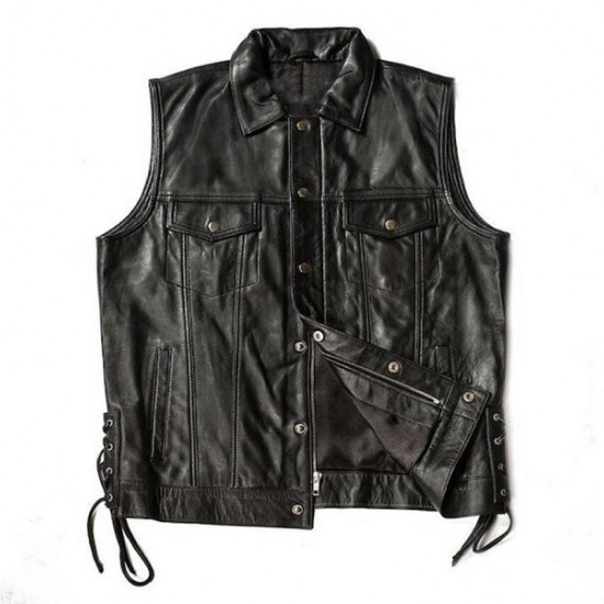 Mens Black Side Laces Motorcycle Leather Vest Mens Black Side Laces Motorcycle Leather Vest