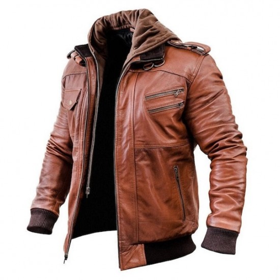 Mens Brown Winter Hooded Leather Bomber Jacket Mens Brown Winter Hooded Leather Bomber Jacket