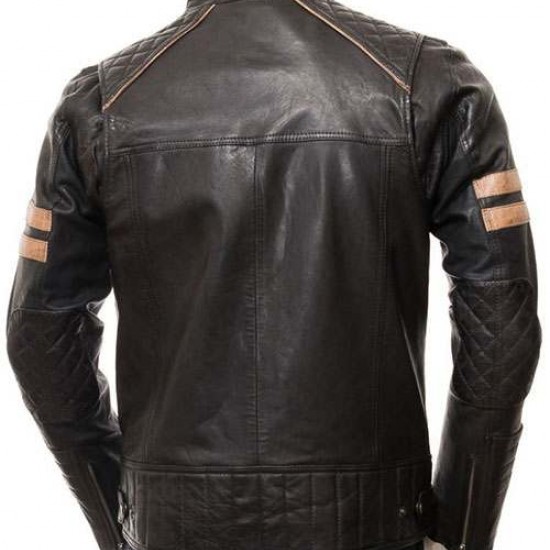 Mens Cafe Racer Striped Four Pockets Real Leather Biker Jacket Mens Cafe Racer Striped Four Pockets Real Leather Biker Jacket