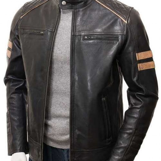 Mens Cafe Racer Striped Four Pockets Real Leather Biker Jacket Mens Cafe Racer Striped Four Pockets Real Leather Biker Jacket