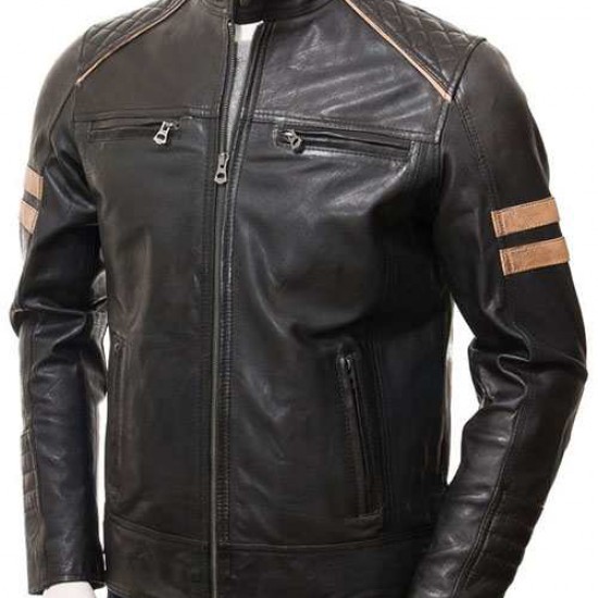 Mens Cafe Racer Striped Four Pockets Real Leather Biker Jacket Mens Cafe Racer Striped Four Pockets Real Leather Biker Jacket