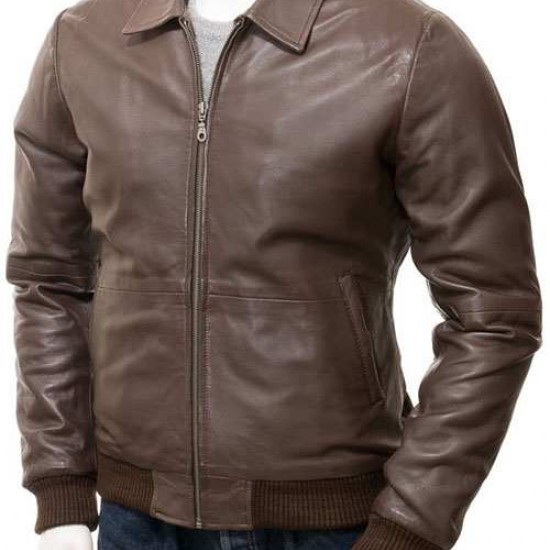 Mens Classic Shirt Collar Real Leather Bomber Jacket Mens Classic Shirt Collar Real Leather Bomber Jacket