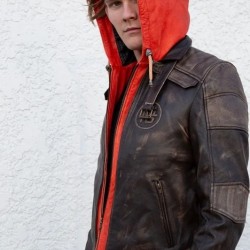 Mens Goku Orange Hood Brown Leather Jacket