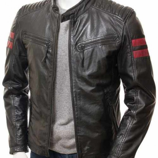 Mens Iconic Cafe Racer Sporty Red Trim Real Leather Biker Jacket Mens Iconic Cafe Racer Sporty Red Trim Real Leather Biker Jacket