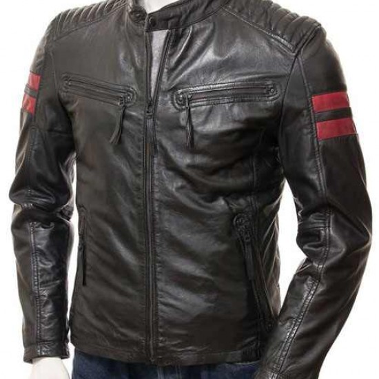 Mens Iconic Cafe Racer Sporty Red Trim Real Leather Biker Jacket Mens Iconic Cafe Racer Sporty Red Trim Real Leather Biker Jacket