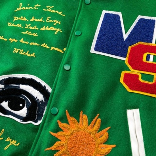 Mens Off White Savior Biker Green Varsity Jacket Mens Off White Savior Biker Green Varsity Jacket