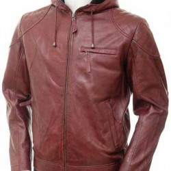 Mens Oxblood Hooded Leather Jacket          