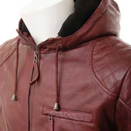 Mens Oxblood Hooded Leather Jacket Mens Oxblood Hooded Leather Jacket