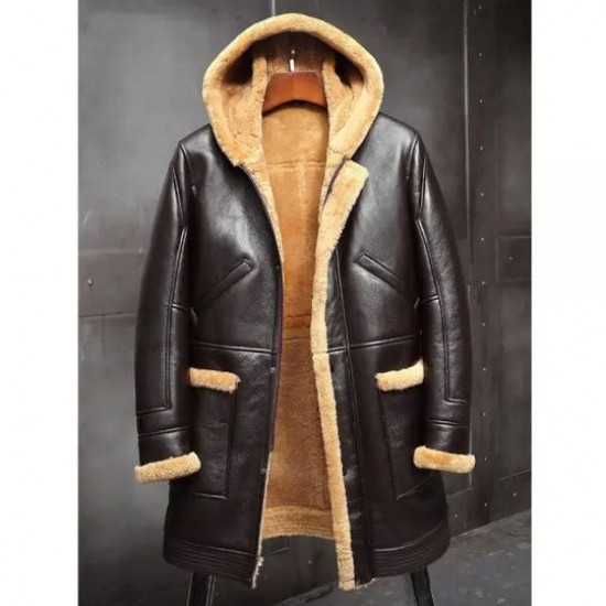 Mens RAF Hooded Shearling Fur Sheepskin Leather Winter Long Jacket Mens RAF Hooded Shearling Fur Sheepskin Leather Winter Long Jacket