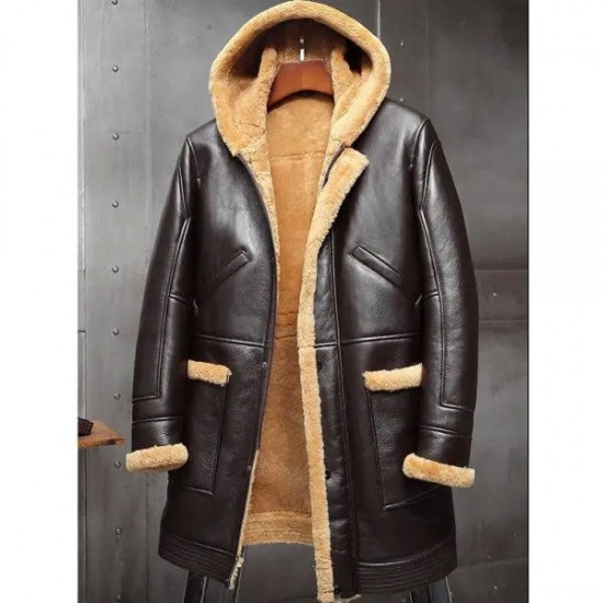 Mens RAF Hooded Shearling Fur Sheepskin Leather Winter Long Jacket Mens RAF Hooded Shearling Fur Sheepskin Leather Winter Long Jacket