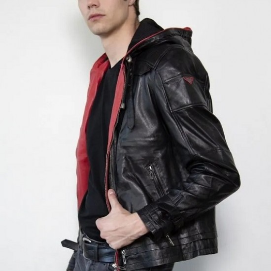 Mens Red Hood Black Leather Costume Jacket Mens Red Hood Black Leather Costume Jacket