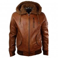 Mens Retro Brown Hooded Fur Real Leather Bomber Jacket