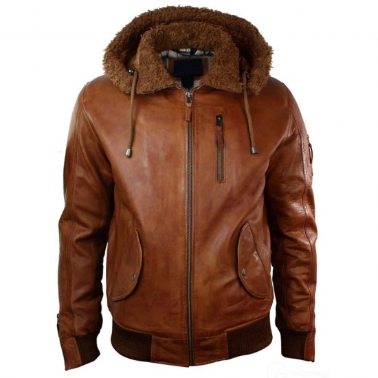 Mens Retro Brown Hooded Fur Real Leather Bomber Jacket