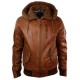 Mens Retro Brown Hooded Fur Real Leather Bomber Jacket
