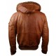 Mens Retro Brown Hooded Fur Real Leather Bomber Jacket