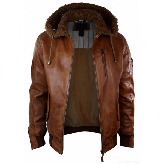 Mens Retro Brown Hooded Fur Real Leather Bomber Jacket