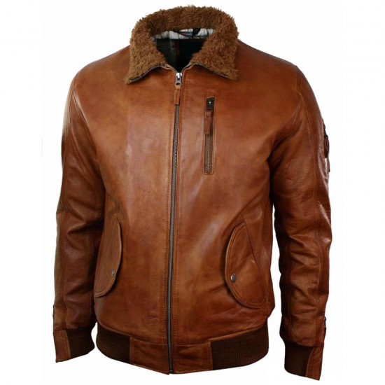 Mens Retro Brown Hooded Fur Real Leather Bomber Jacket