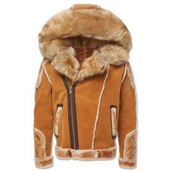 Mens Suede Leather Brown Hooded Faux Fur Shearling Jacket Mens Suede Leather Brown Hooded Faux Fur Shearling Jacket
