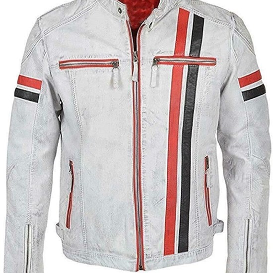Mens Vintage Cafe Racer Retro White Motorcycle Red Black Stripes Biker Cowhide Leather Jacket Mens Vintage Cafe Racer Retro White Motorcycle Red Black Stripes Biker Cowhide Leather Jacket