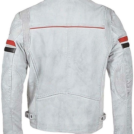 Mens Vintage Cafe Racer Retro White Motorcycle Red Black Stripes Biker Cowhide Leather Jacket Mens Vintage Cafe Racer Retro White Motorcycle Red Black Stripes Biker Cowhide Leather Jacket
