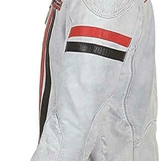 Mens Vintage Cafe Racer Retro White Motorcycle Red Black Stripes Biker Cowhide Leather Jacket Mens Vintage Cafe Racer Retro White Motorcycle Red Black Stripes Biker Cowhide Leather Jacket