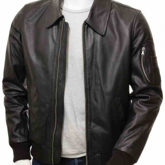 Men’s Black And Dark Blue Classic Real Leather Bomber Jacket