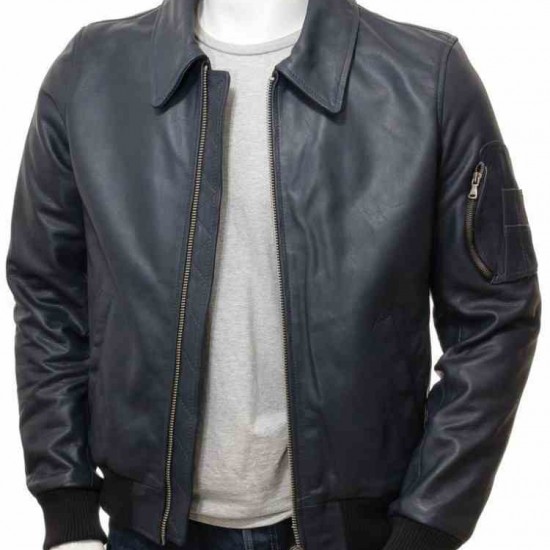 Men’s Black And Dark Blue Classic Real Leather Bomber Jacket Men’s Black And Dark Blue Classic Real Leather Bomber Jacket