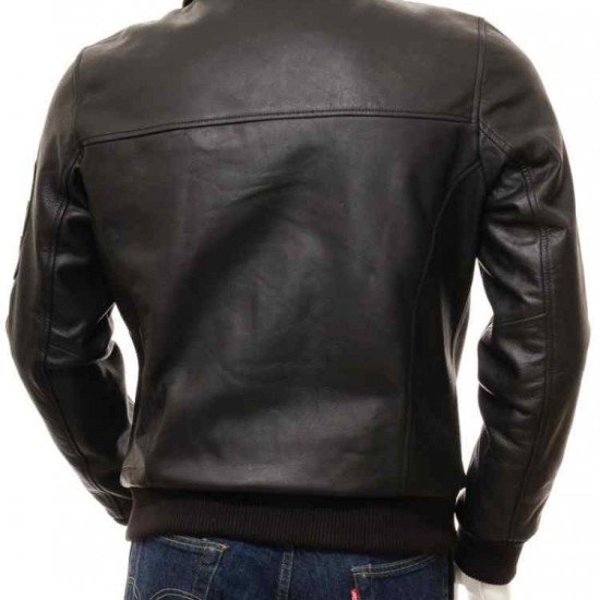 Men’s Black And Dark Blue Classic Real Leather Bomber Jacket