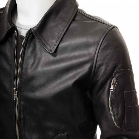 Men’s Black And Dark Blue Classic Real Leather Bomber Jacket