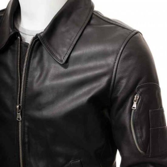 Men’s Black And Dark Blue Classic Real Leather Bomber Jacket Men’s Black And Dark Blue Classic Real Leather Bomber Jacket