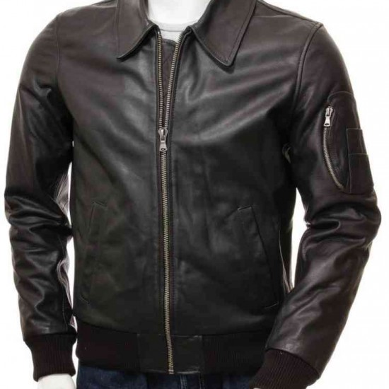 Men’s Black And Dark Blue Classic Real Leather Bomber Jacket