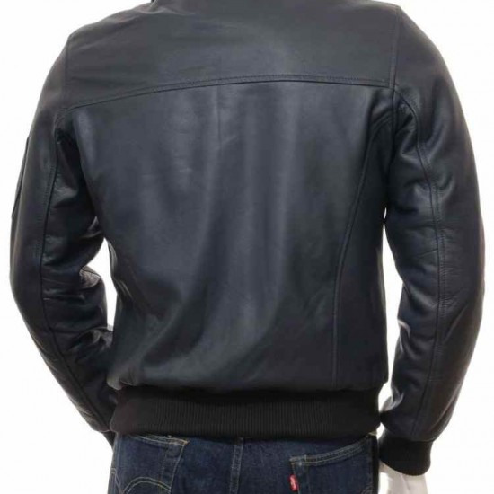 Men’s Black And Dark Blue Classic Real Leather Bomber Jacket Men’s Black And Dark Blue Classic Real Leather Bomber Jacket