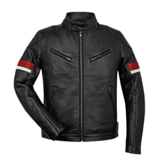 Men’s Black Leather Red and White Striped Cafe Racer Jacket