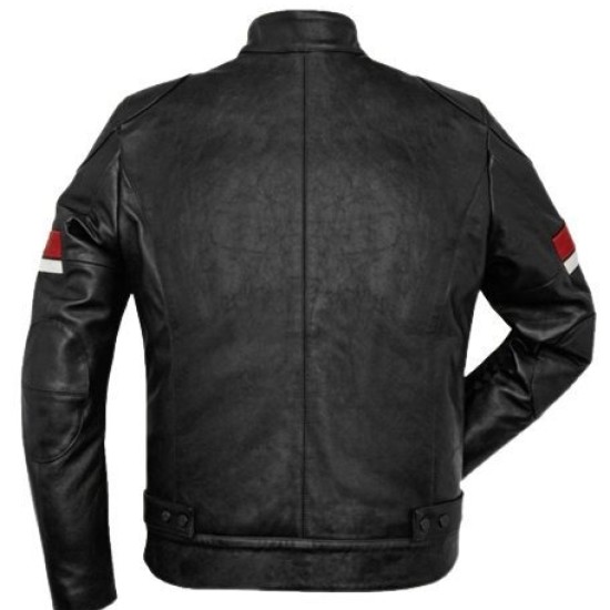 Men’s Black Leather Red and White Striped Cafe Racer Jacket