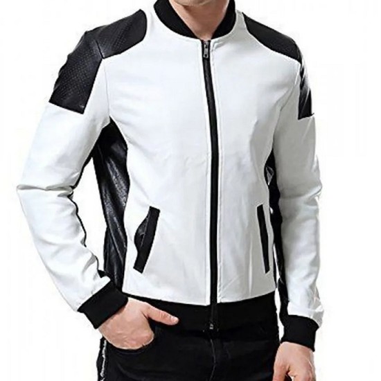Men’s Black and White Leather Biker Bomber Jacket Men’s Black and White Leather Biker Bomber Jacket