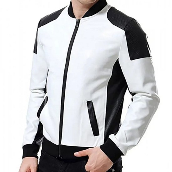 Men’s Black and White Leather Biker Bomber Jacket Men’s Black and White Leather Biker Bomber Jacket