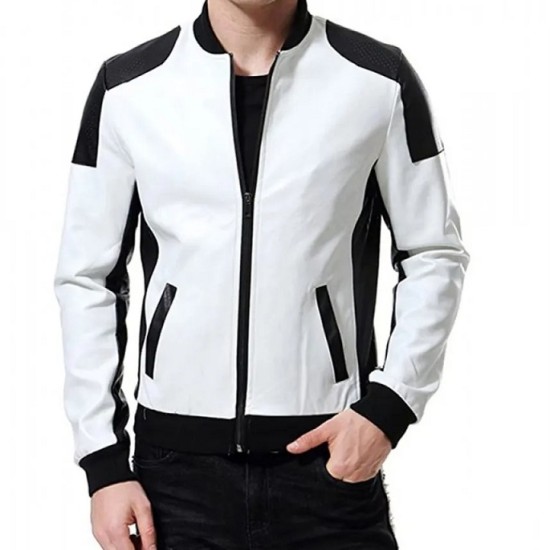 Men’s Black and White Leather Biker Bomber Jacket Men’s Black and White Leather Biker Bomber Jacket