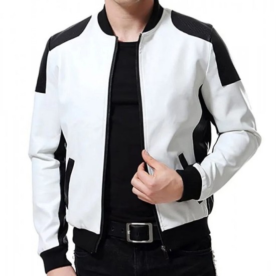Men’s Black and White Leather Biker Bomber Jacket Men’s Black and White Leather Biker Bomber Jacket