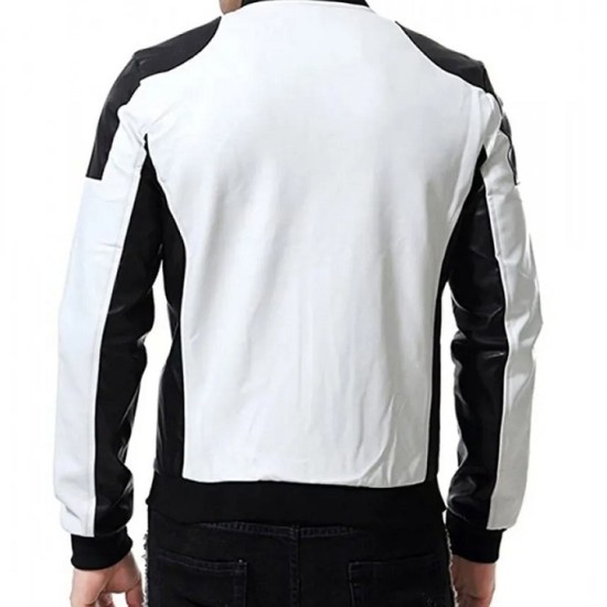Men’s Black and White Leather Biker Bomber Jacket Men’s Black and White Leather Biker Bomber Jacket