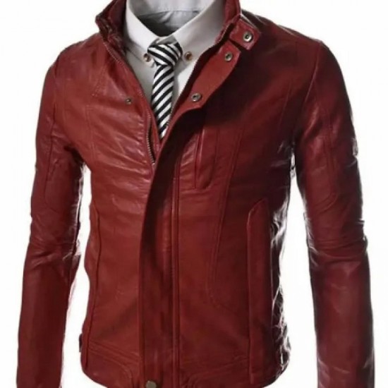 Men’s Casual Slim Fit Snap Tab Collar Red Faux Leather Jacket Men’s Casual Slim Fit Snap Tab Collar Red Faux Leather Jacket
