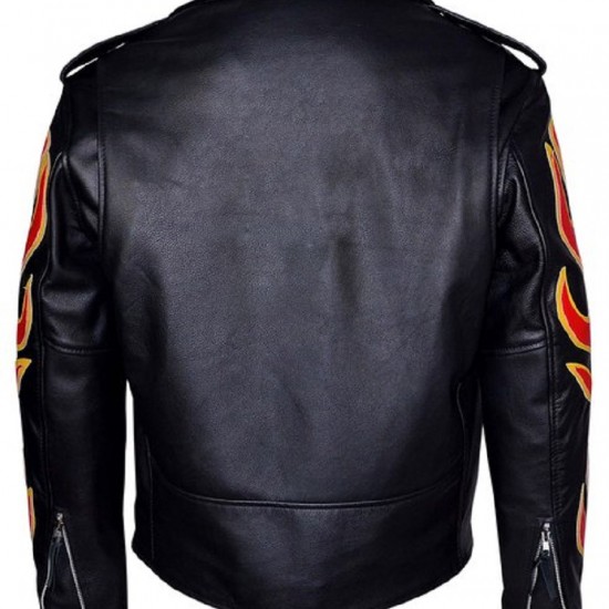 Fire Flame Men’s Black Racer Style Motorcycle Jacket
