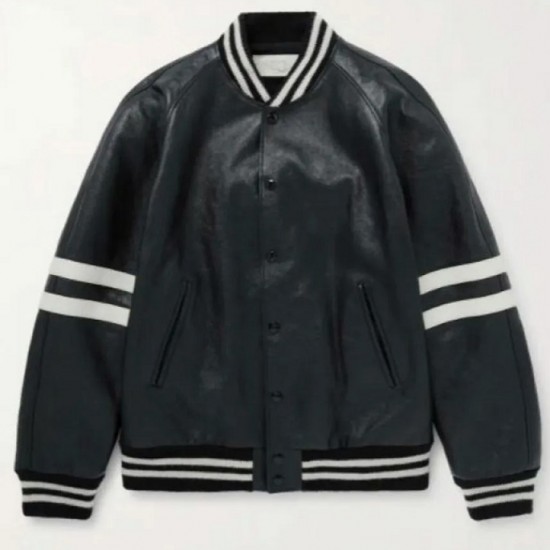 Men’s Homme Striped Black Leather Bomber Jacket Men’s Homme Striped Black Leather Bomber Jacket