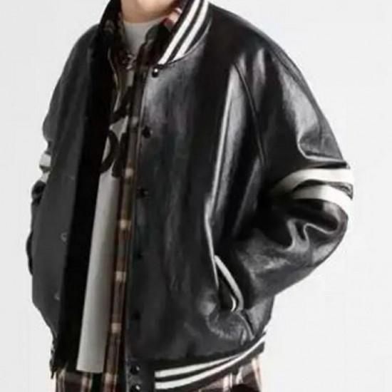 Men’s Homme Striped Black Leather Bomber Jacket Men’s Homme Striped Black Leather Bomber Jacket